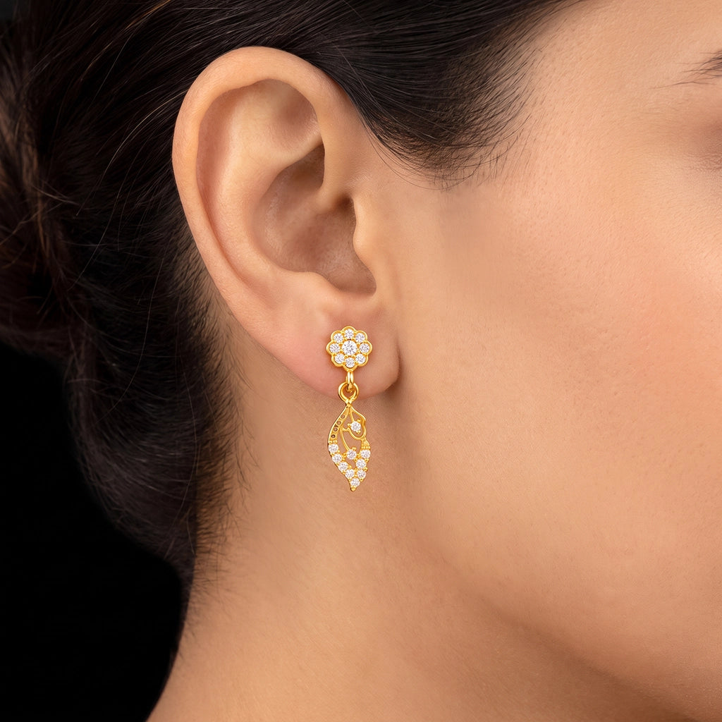 Bloom Leaf Drop Stone Hanging Stud Gold Layered