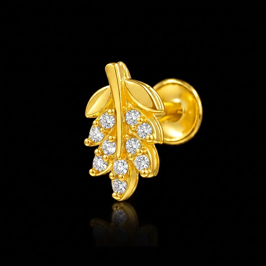 Leaf Spray Stone Stud Gold Layered