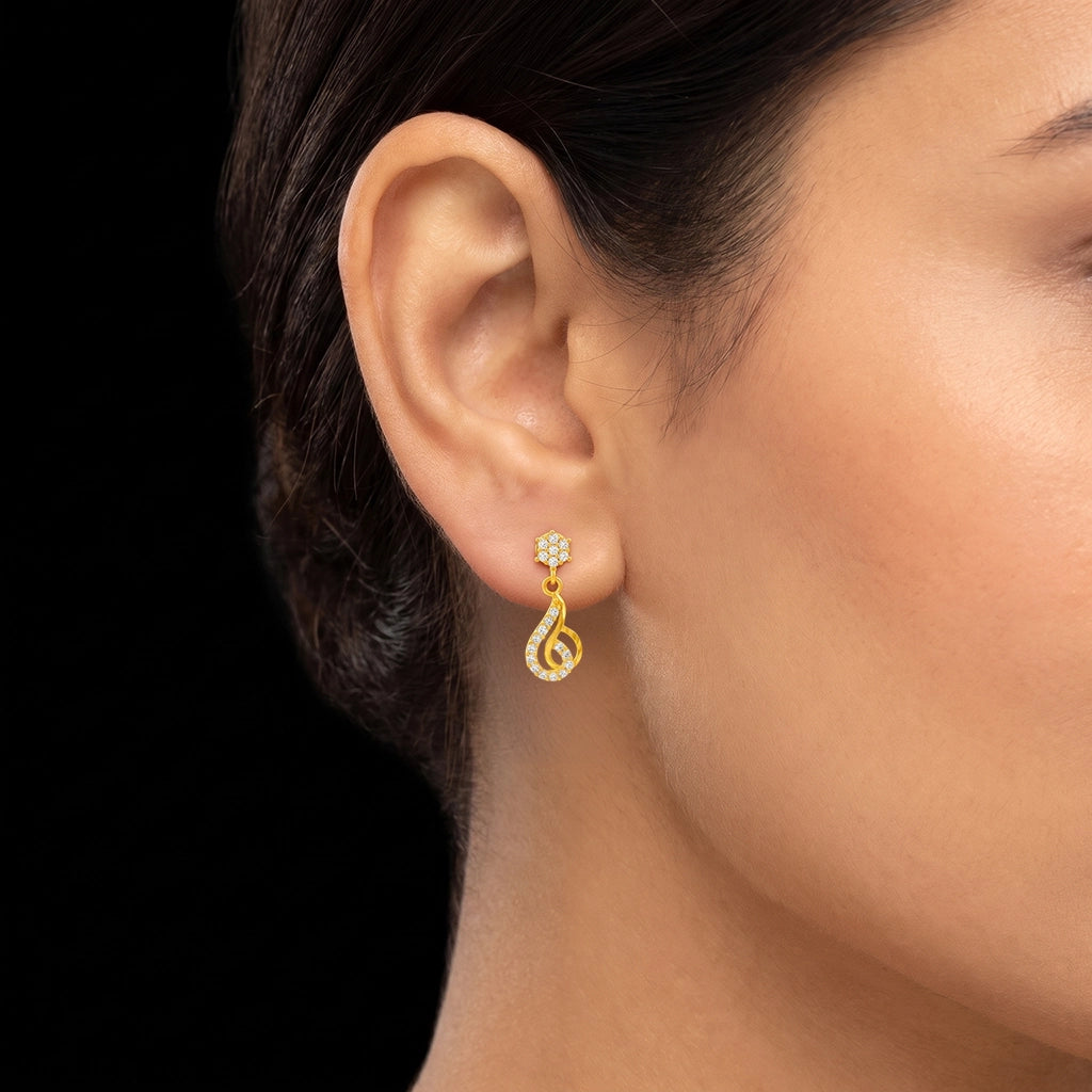 Stone Pave Flower Teardrop Swirl Hanging Stud Gold Layered