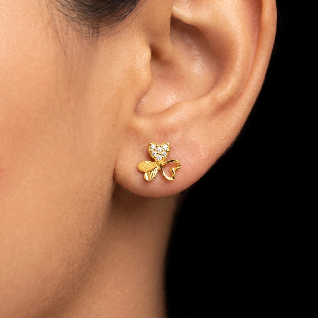 Heart Clover Leaf Diamond Cut Stone Stud Gold Layered