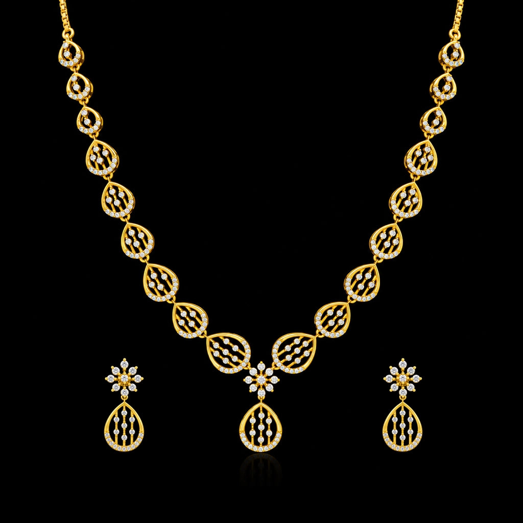 CZ Lattice Teardrop Floret Necklace Set Short Gold Layered