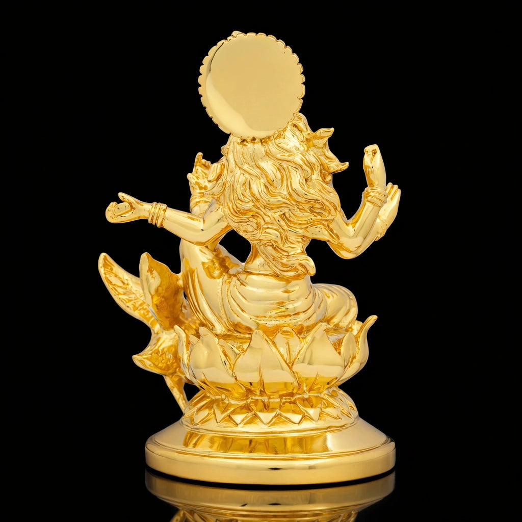 Golden Goddess Saraswati Idol with Veena Seated on Lotus with Hamsa PIDRGSA8-007