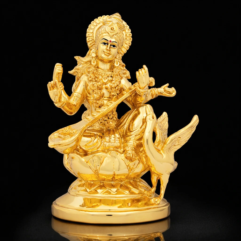 Golden Goddess Saraswati Idol with Veena Seated on Lotus with Hamsa PIDRGSA8-007