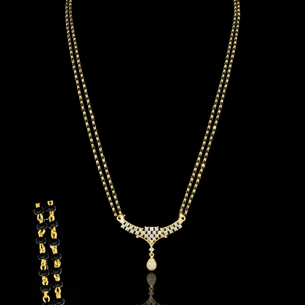 CZ Fringe Black Bead Long Locket Karimani Chain Gold Layered