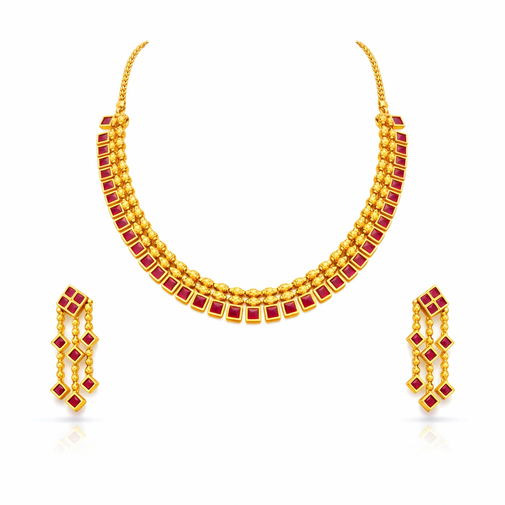 Ruby stone gheru necklace with Stud, PSGRNSSR66R-085, PSGRHSTSR40R-061