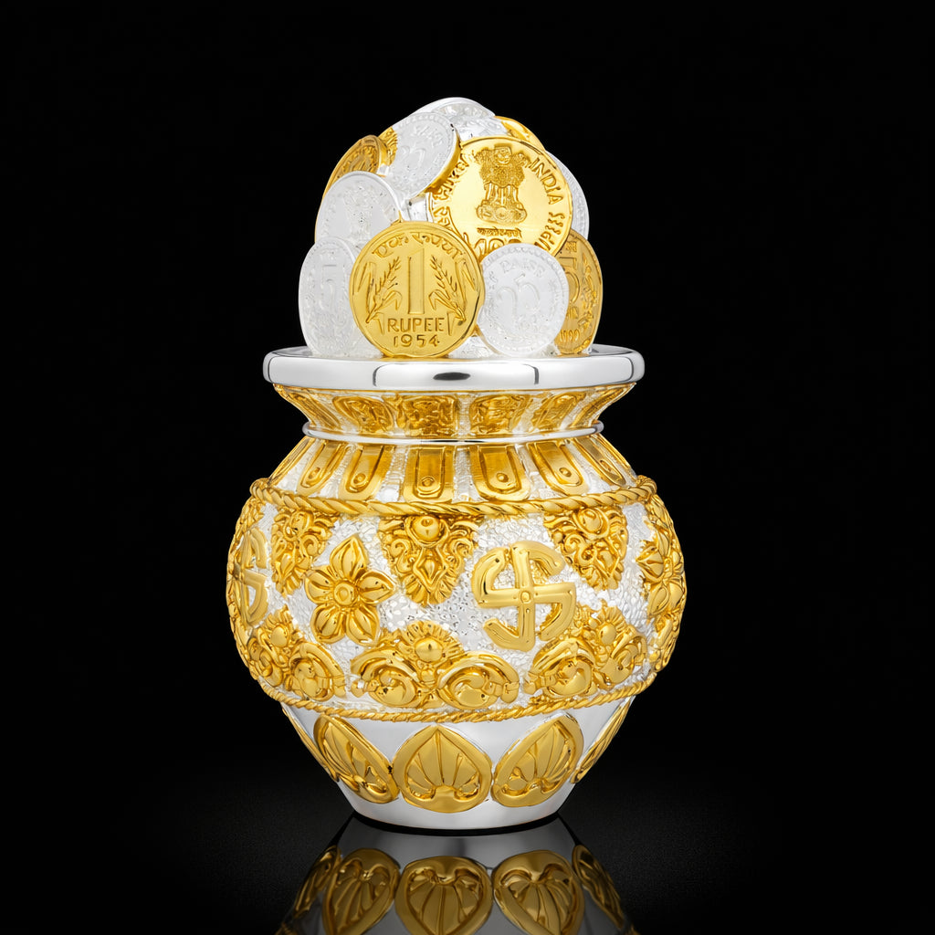 Silver & Gold Finish Kuber Pot Idol – Lakshmi Kubera Wealth Kalash PIDCNK1-0001