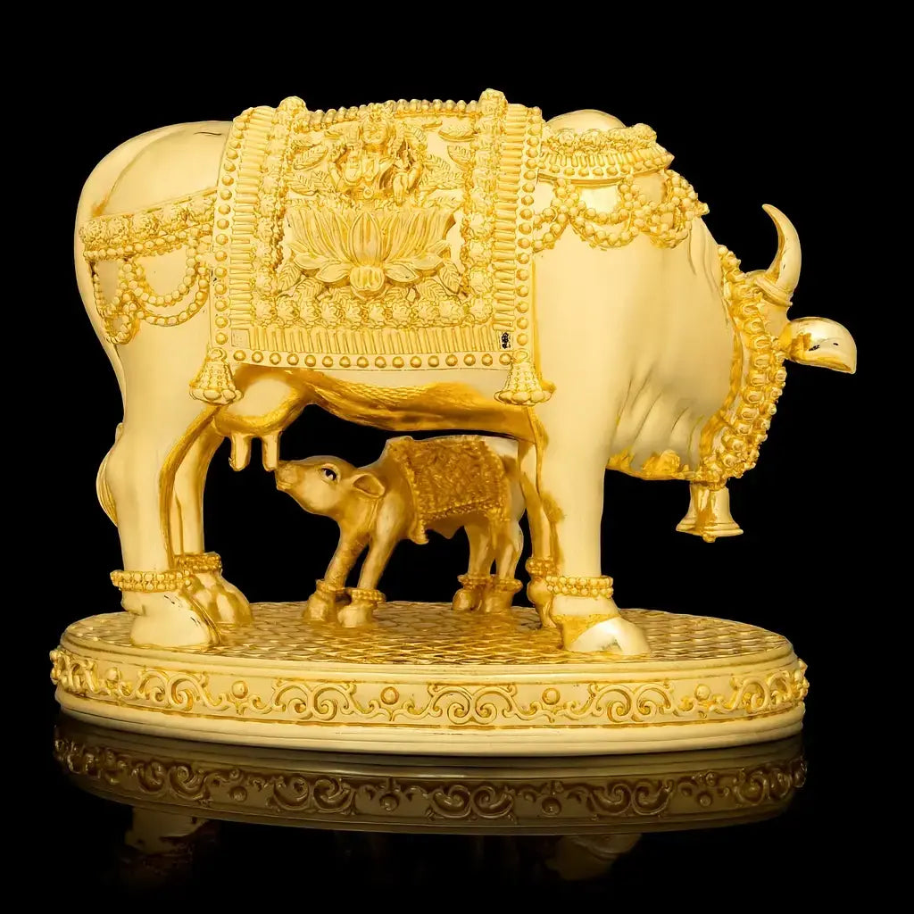 Sacred Cow & Calf Idol – Golden Ornate Sculpture of Prosperity PIDRGCC10-0052