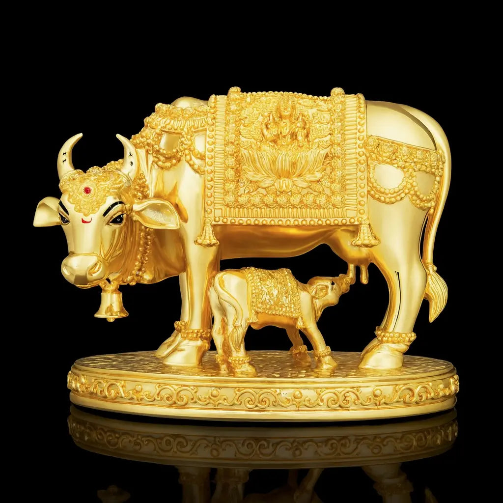 Sacred Cow & Calf Idol – Golden Ornate Sculpture of Prosperity PIDRGCC10-0052