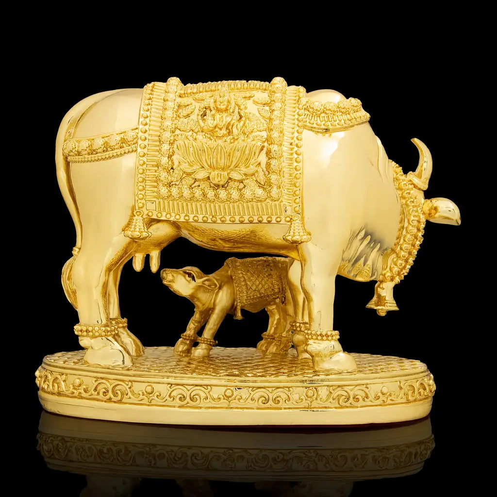 Brass Cow & Calf Idol – 24ct Gold Layered Divine Prosperity Symbol PIDRGCC9-0041