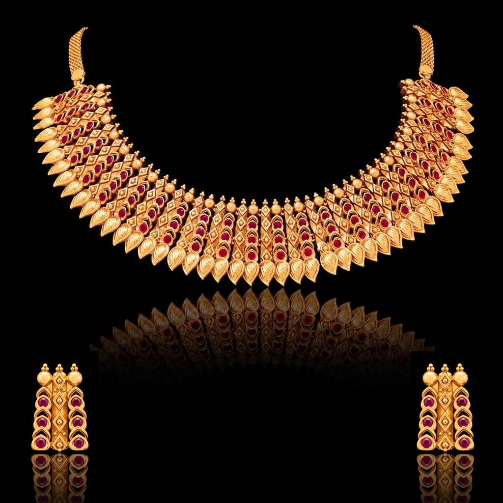 Ruby stone gheru necklace with Stud PSGRNSSR41R-0301, PSGRSTSR34R-041