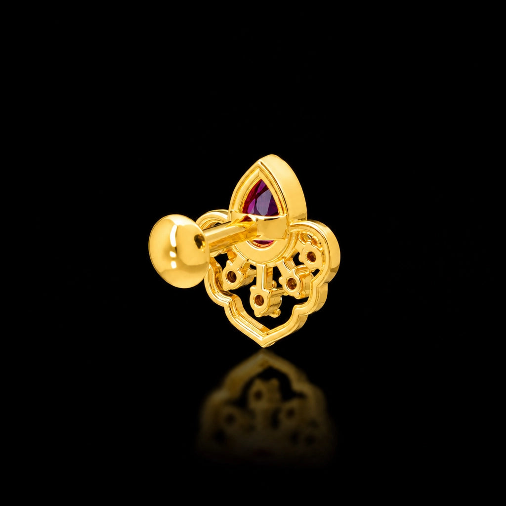 Deep Red Teardrop Crown Stud Stone Stud Gold Layered