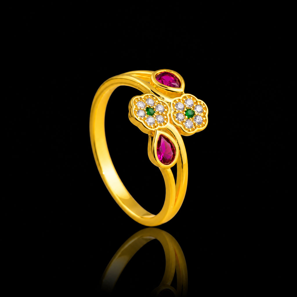 Multi Leaf Twin Band Stone Ring Gold Layered