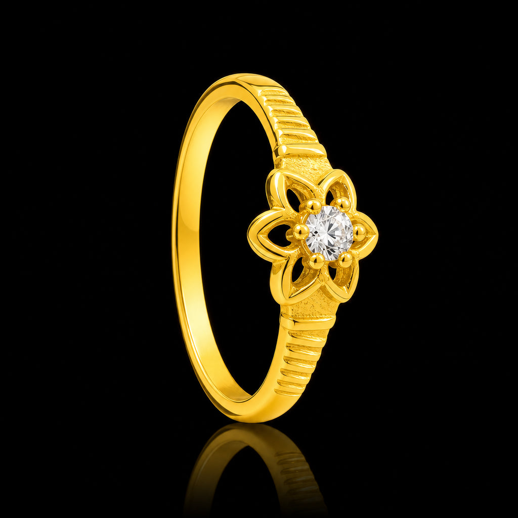 CZ Bloom Solitaire Ribbed Stone Ring Gold Layered