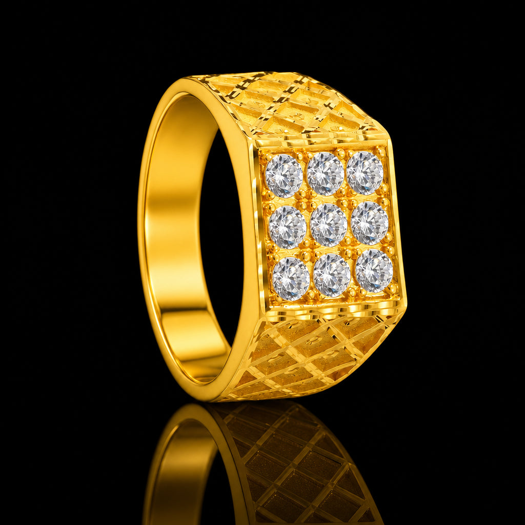 CZ Grid Ornate Broad Face Stone Gents Ring Gold Layered