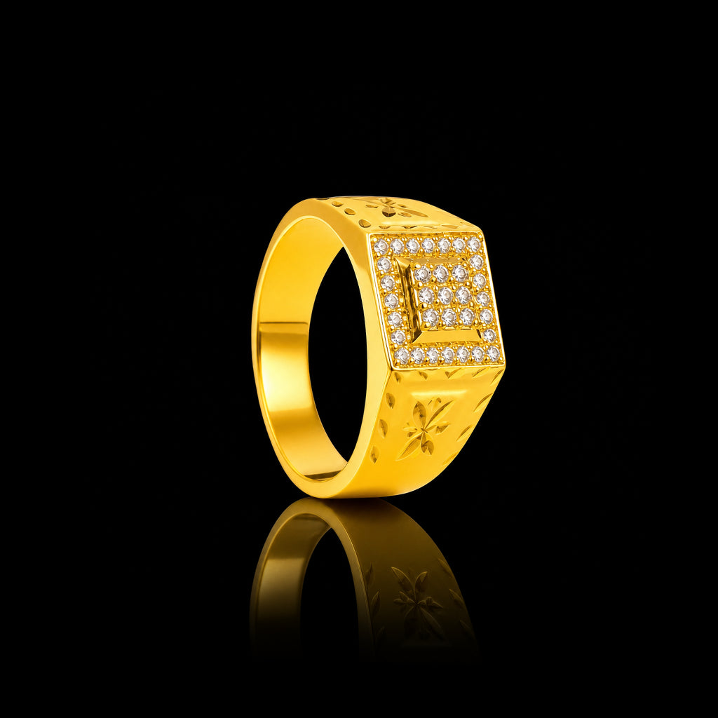 CZ Square Fine Face Stone Gents Ring Gold Layered