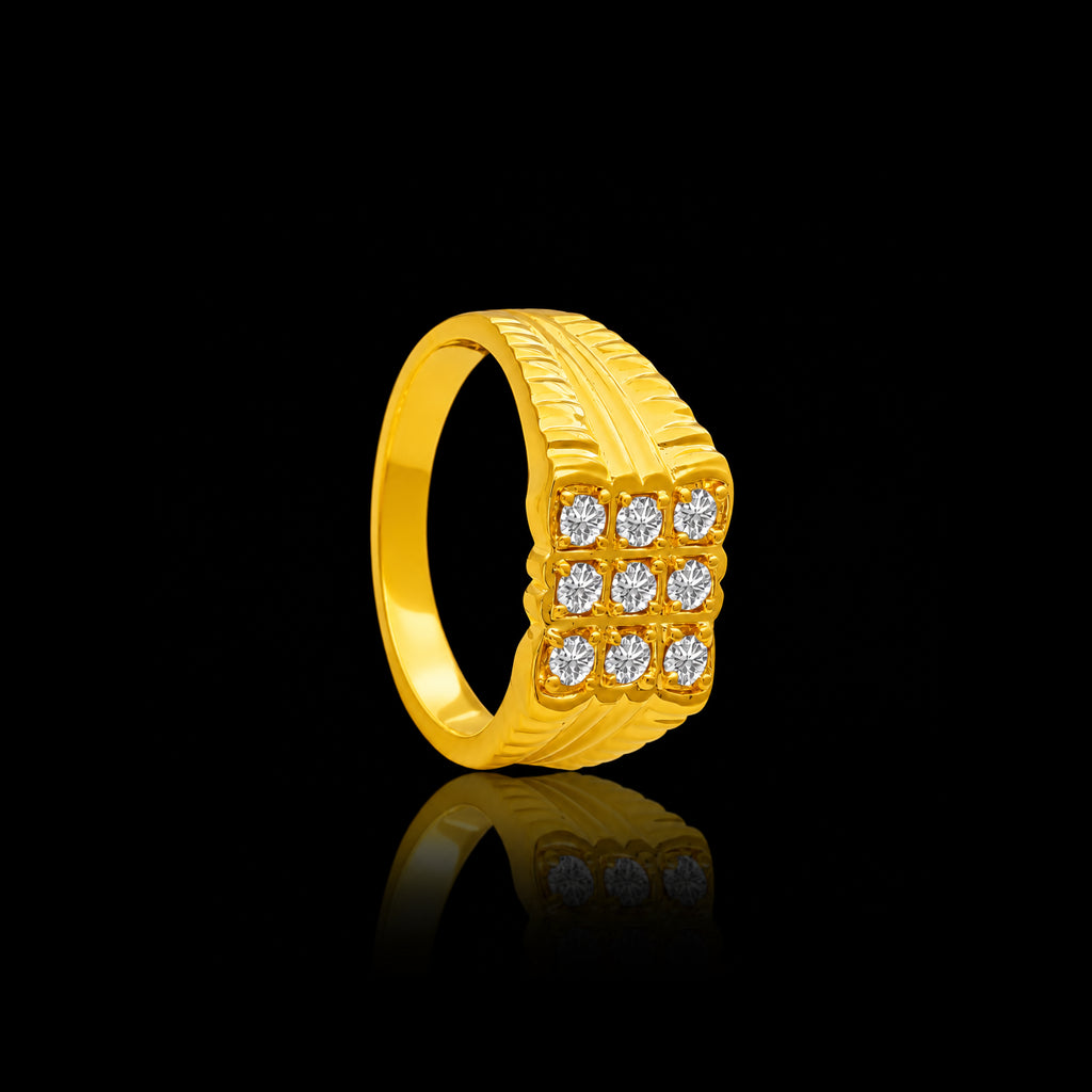 CZ Grid Flat Face Stone Gents Ring Gold Layered