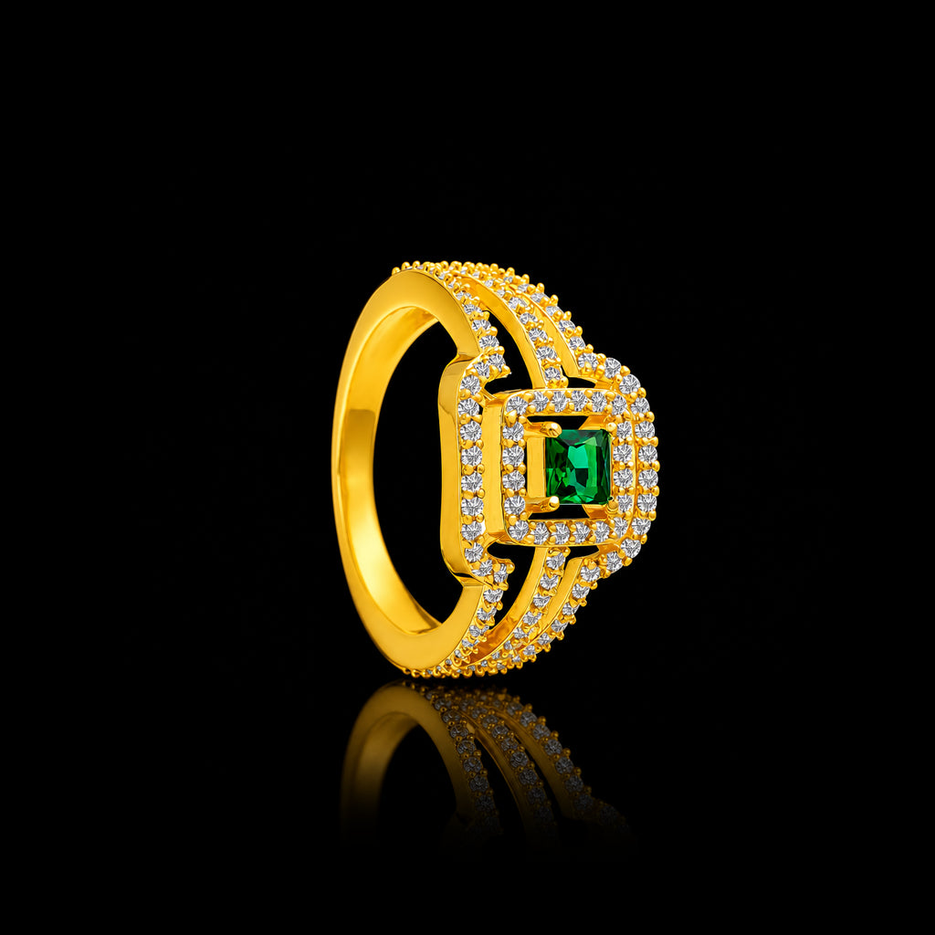 Green Square Halo Band Ring Gold Layered