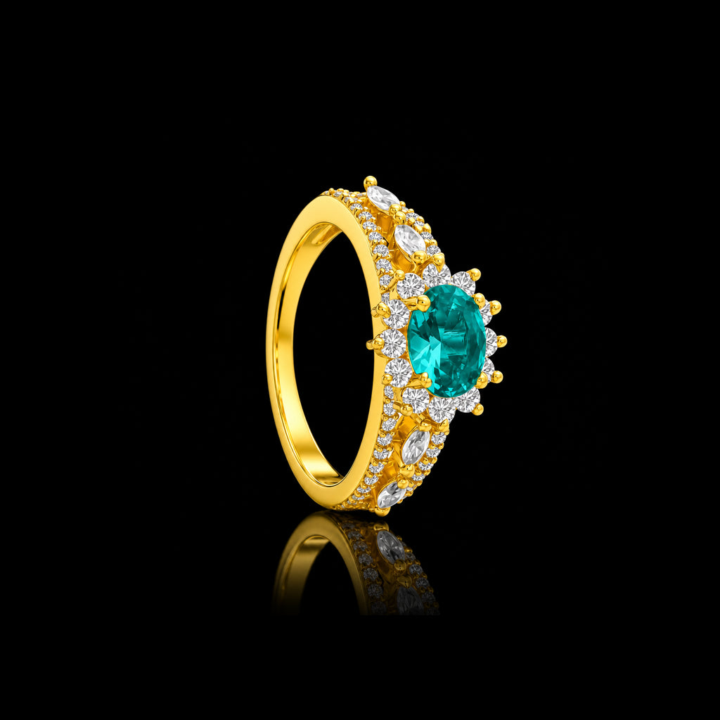 Teal Oval Halo Band Ring Gold Layered