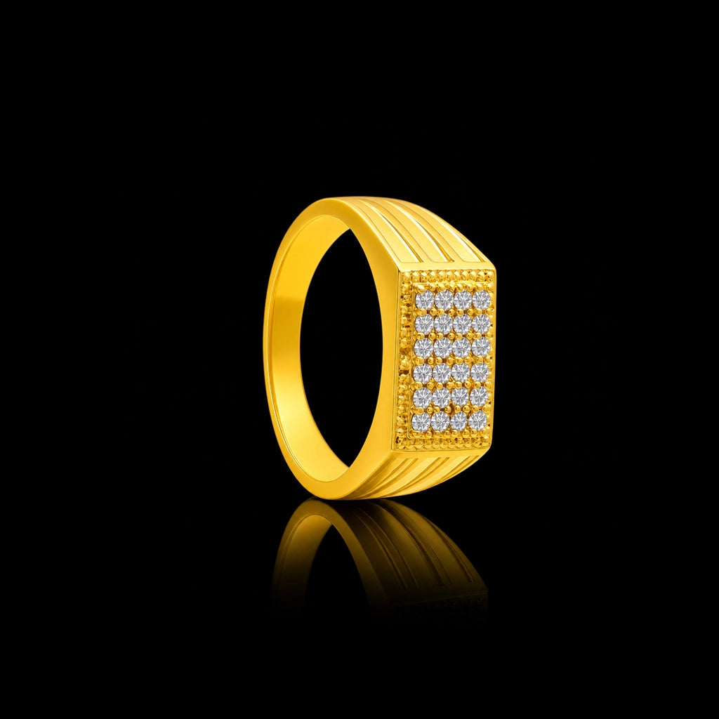 CZ Grid Rectangle Face Stone Gents Ring Gold Layered