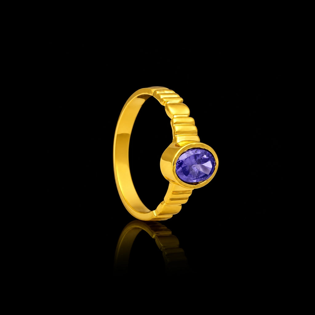 Violet Oval Bezel Ribbed Stone Gents Ring Gold Layered