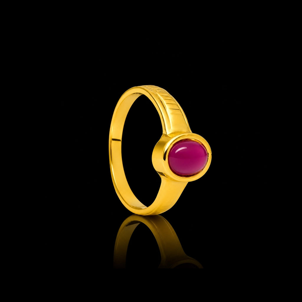 Deep Red Round Bezel Fine Stone Gents Ring Gold Layered