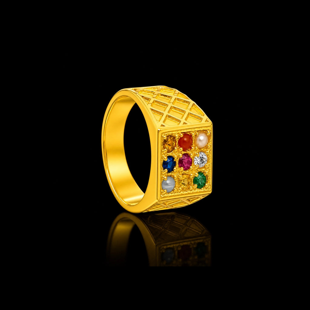 Navaratna Chequer Broad Gents Ring Gold Layered