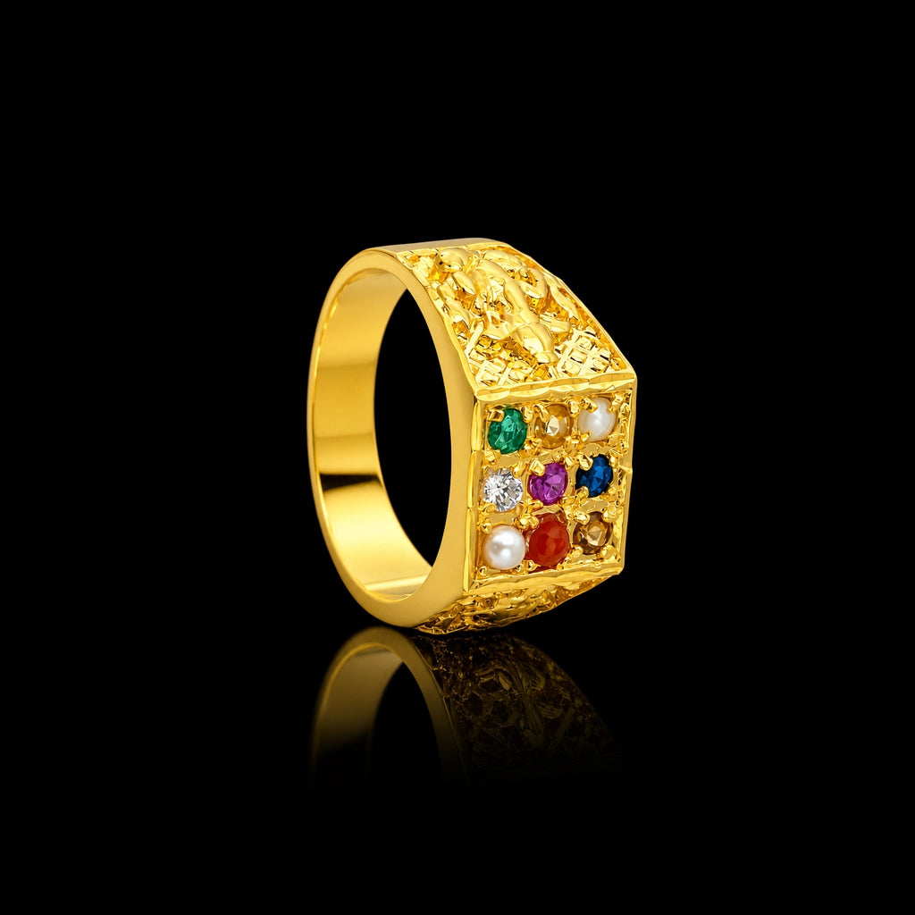 Navaratna Block Broad Band Gents Ring Gold Layered