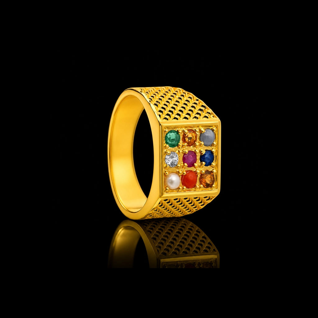Navaratna Grid Broad Band Gents Ring Gold Layered