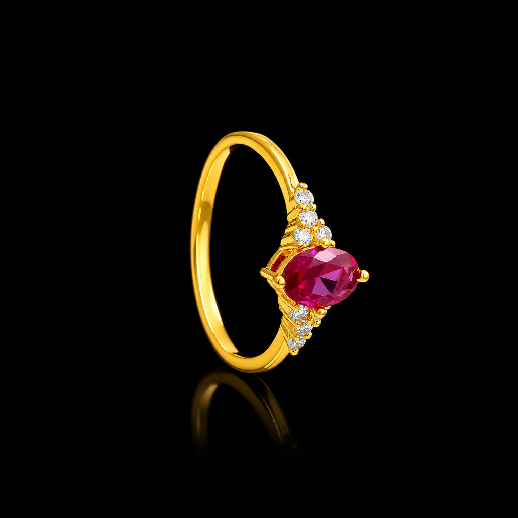 Deep Red Oval Bloom Split Stone Ring Gold Layered