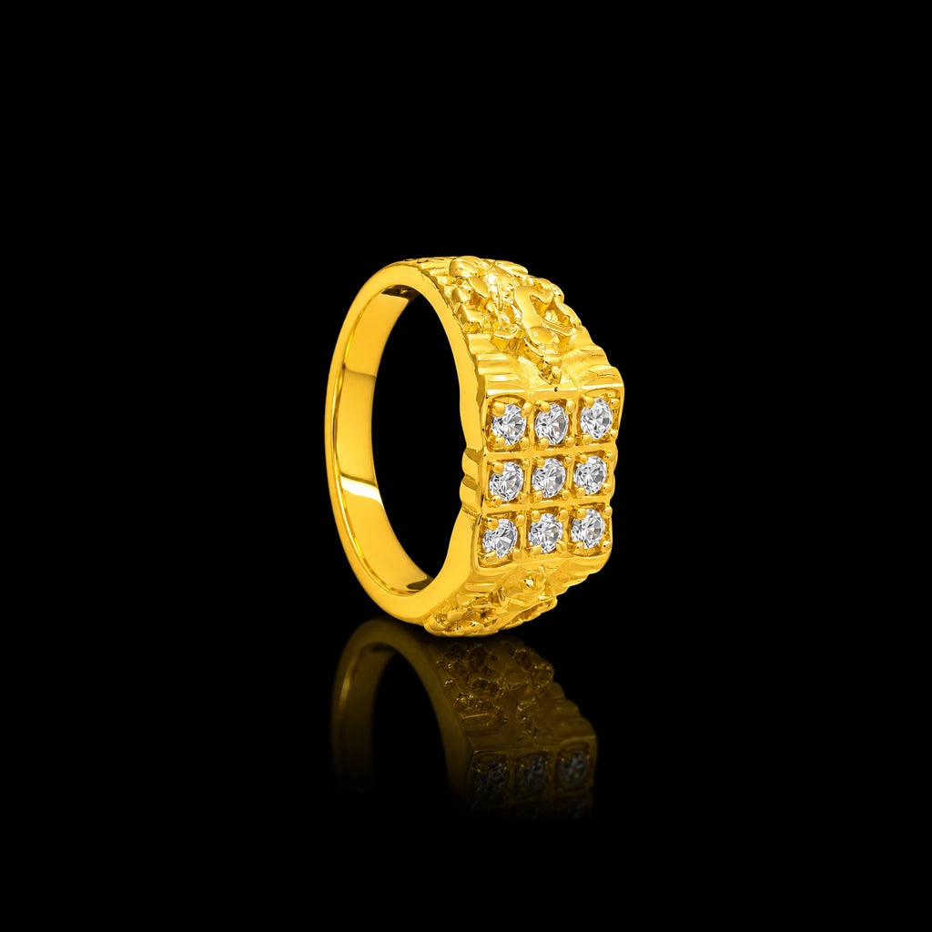 CZ Twin Row Ribbed Face Stone Gents Ring Gold Layered