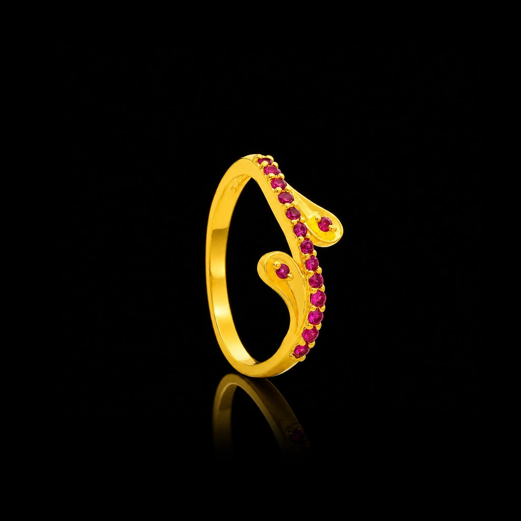 Deep Red Curl Wave Fine Stone Ring Gold Layered