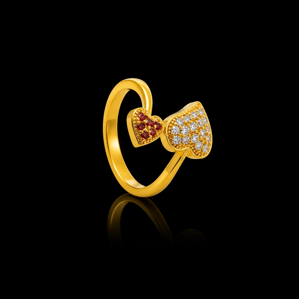 Deep Red Heart Pave Twin Stone Ring Gold Layered