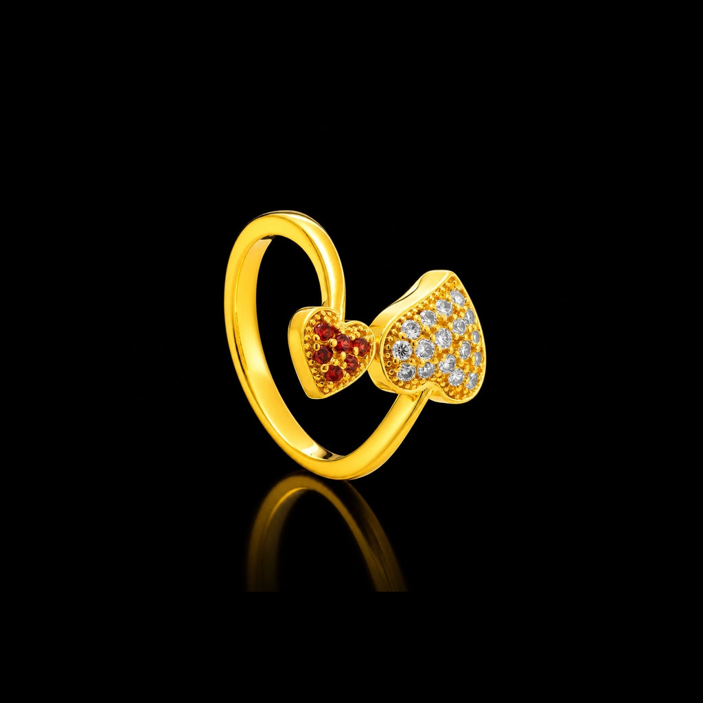 CZ Heart Deep Red Twin Stone Ring Gold Layered