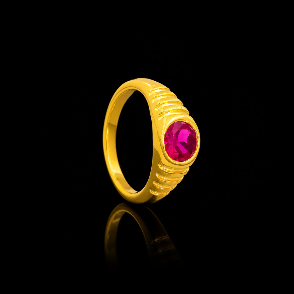 Pink Oval Ribbed Bezel Stone Ring Gold Layered