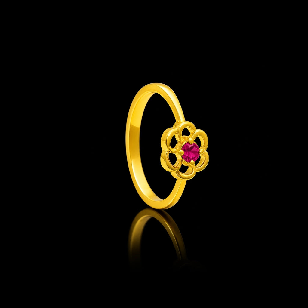 Deep Red Bloom Petal Tiny Stone Ring Gold Layered