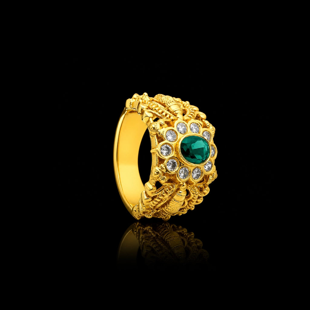 Green Ornate Crown Band Gents Ring Gold Layered