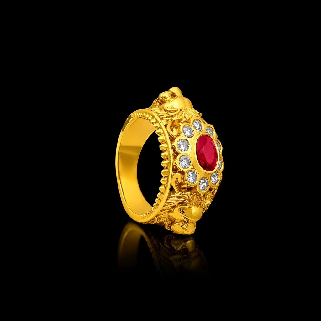 Deep Red Ornate Crown Band Gheru Ring Gold Layered