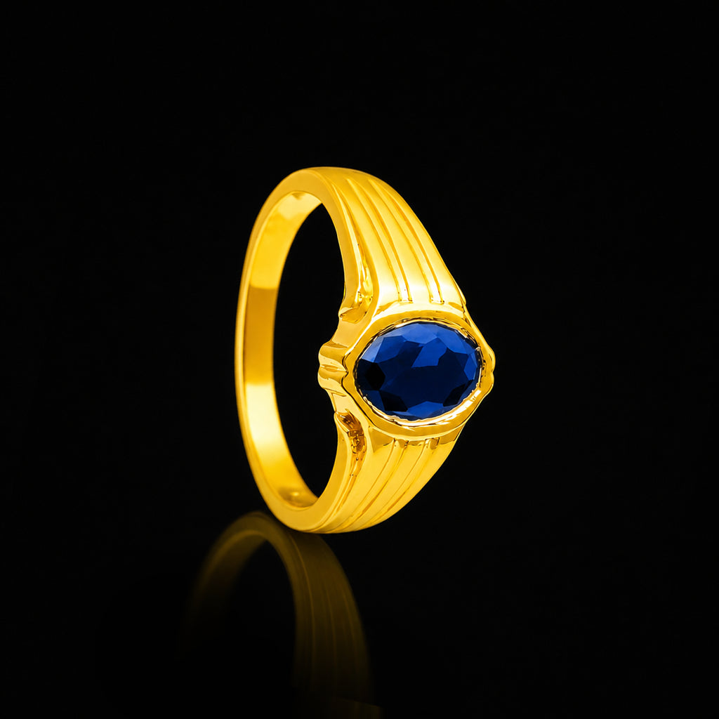 Blue Oval Bezel Ribbed Stone Gents Ring Gold Layered