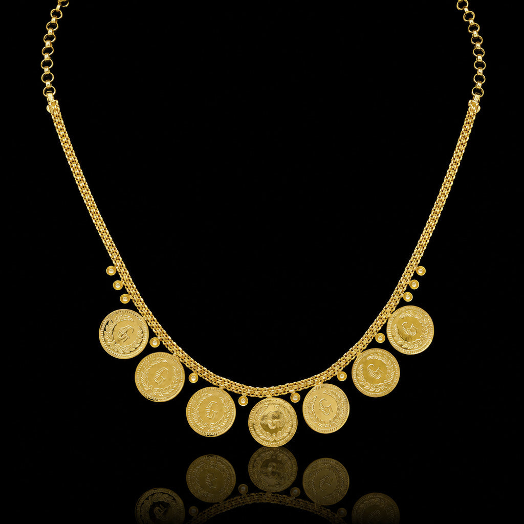 Lakshmi Kaasu Coin Fringe Short Necklace Gold Layered