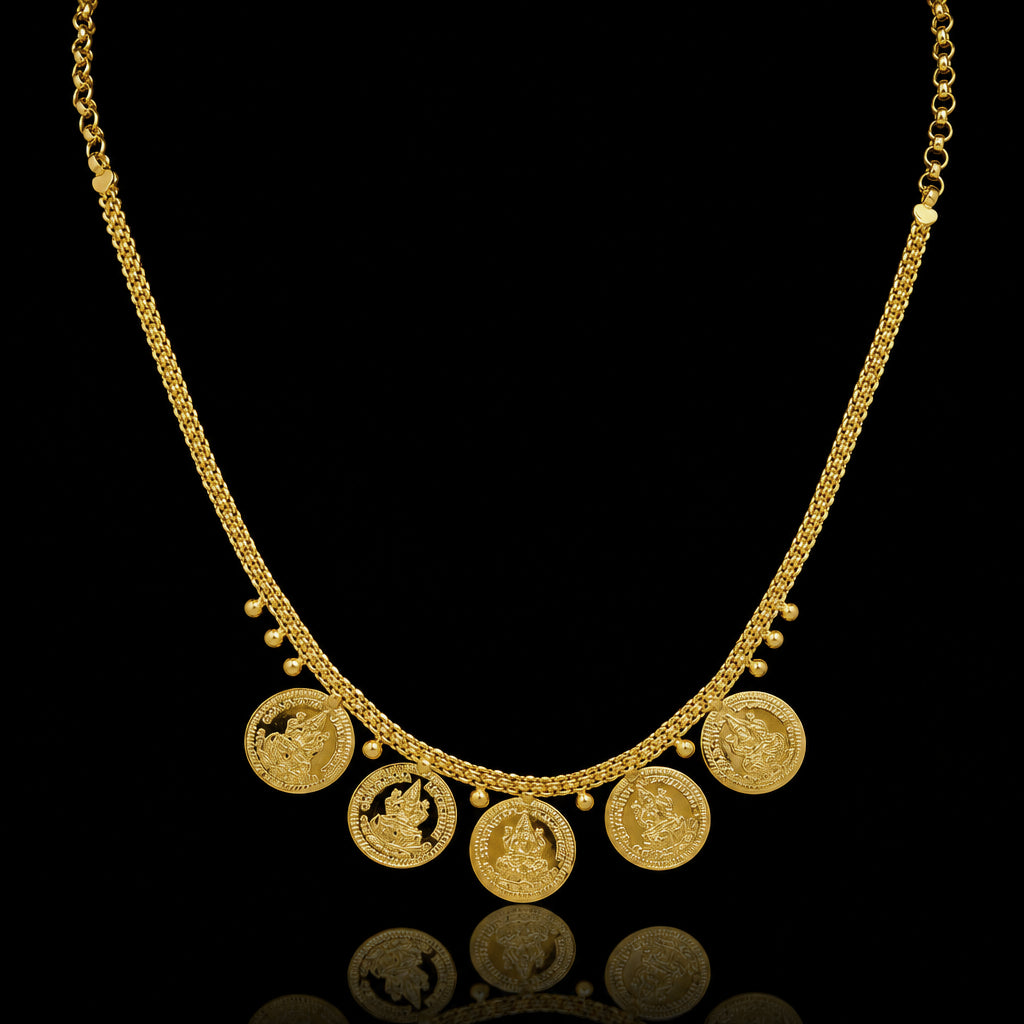 Lakshmi Kaasu Coin Fringe Short Necklace Gold Layered