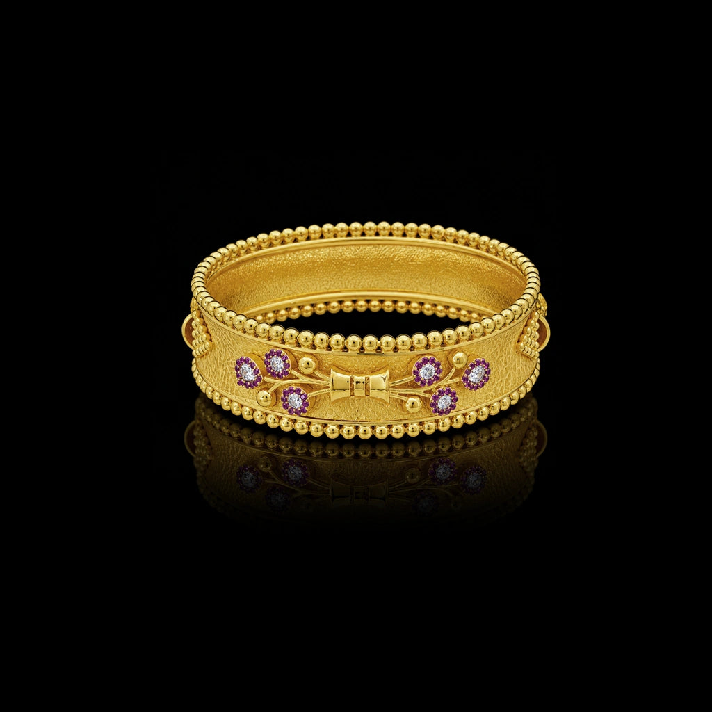 Ruby CZ Bouquet Beaded Broad Bangle Gold Layered