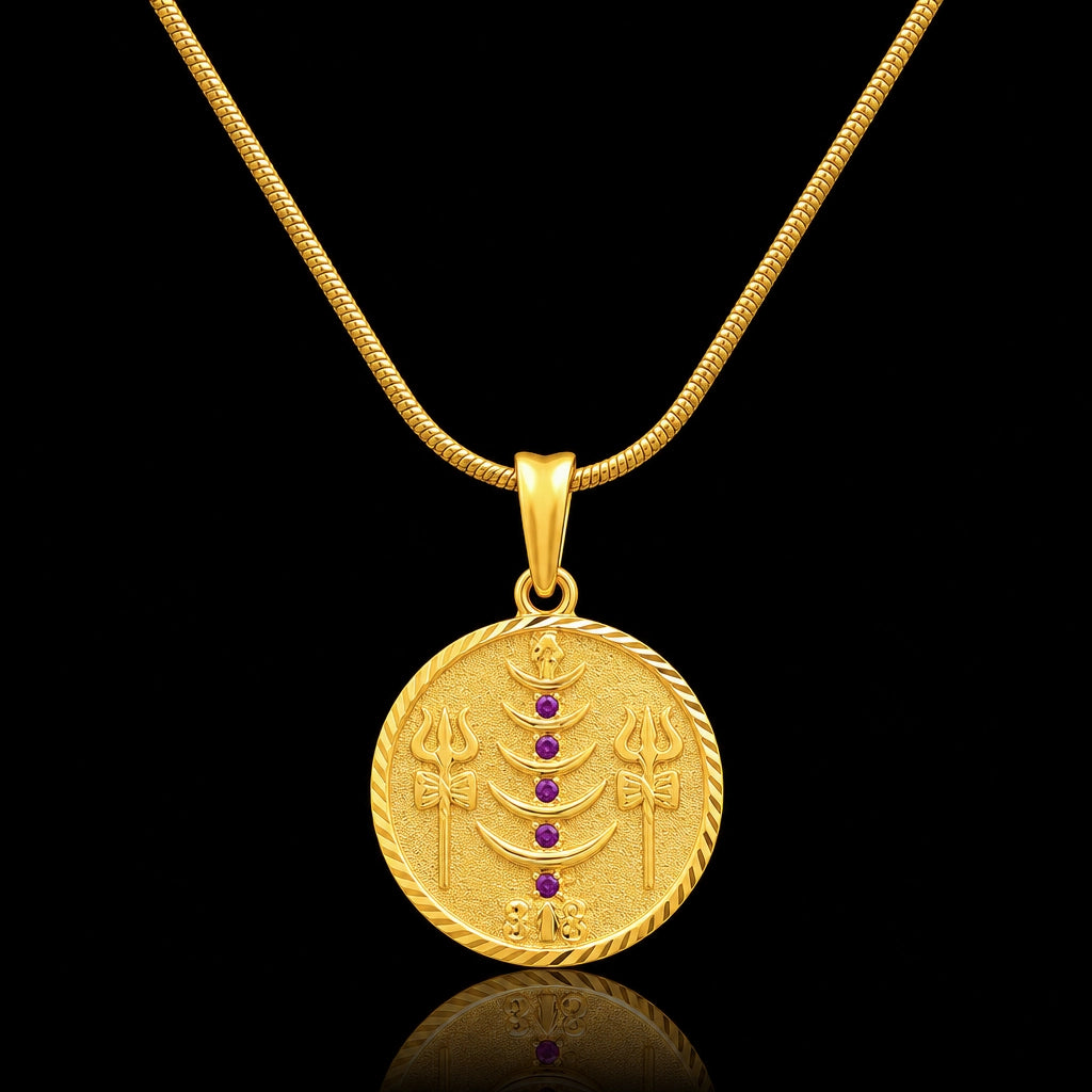 Gents Ruby Trishul Moon Shiva Coin Pendant with Chain Gold Layered