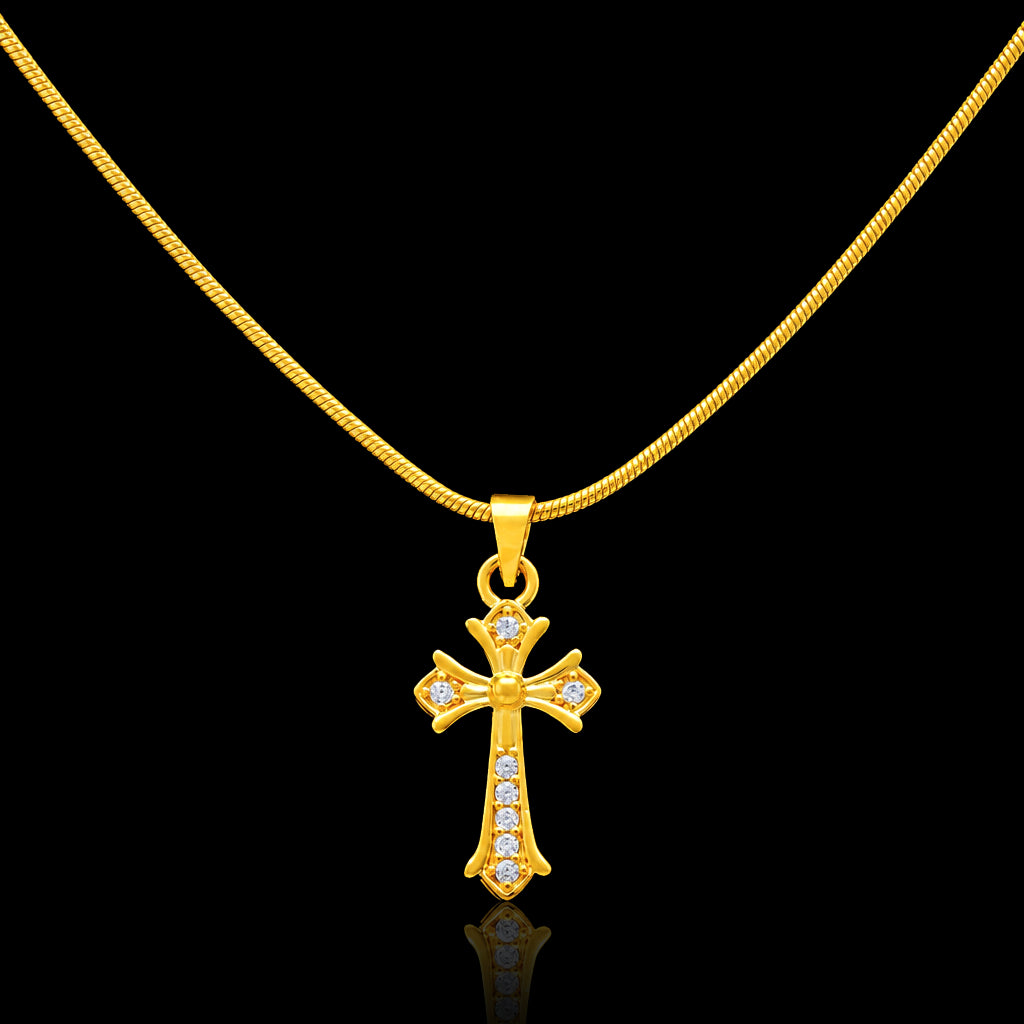 CZ Fleur Cross Religious Symbol Pendant with Chain Gold Layered