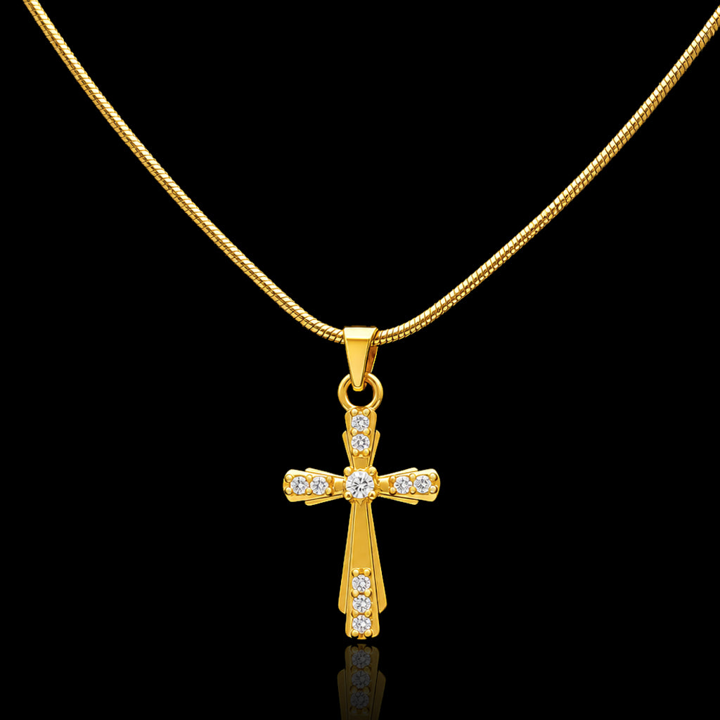 CZ Tapered Rail Cross Pendant with Chain Gold Layered
