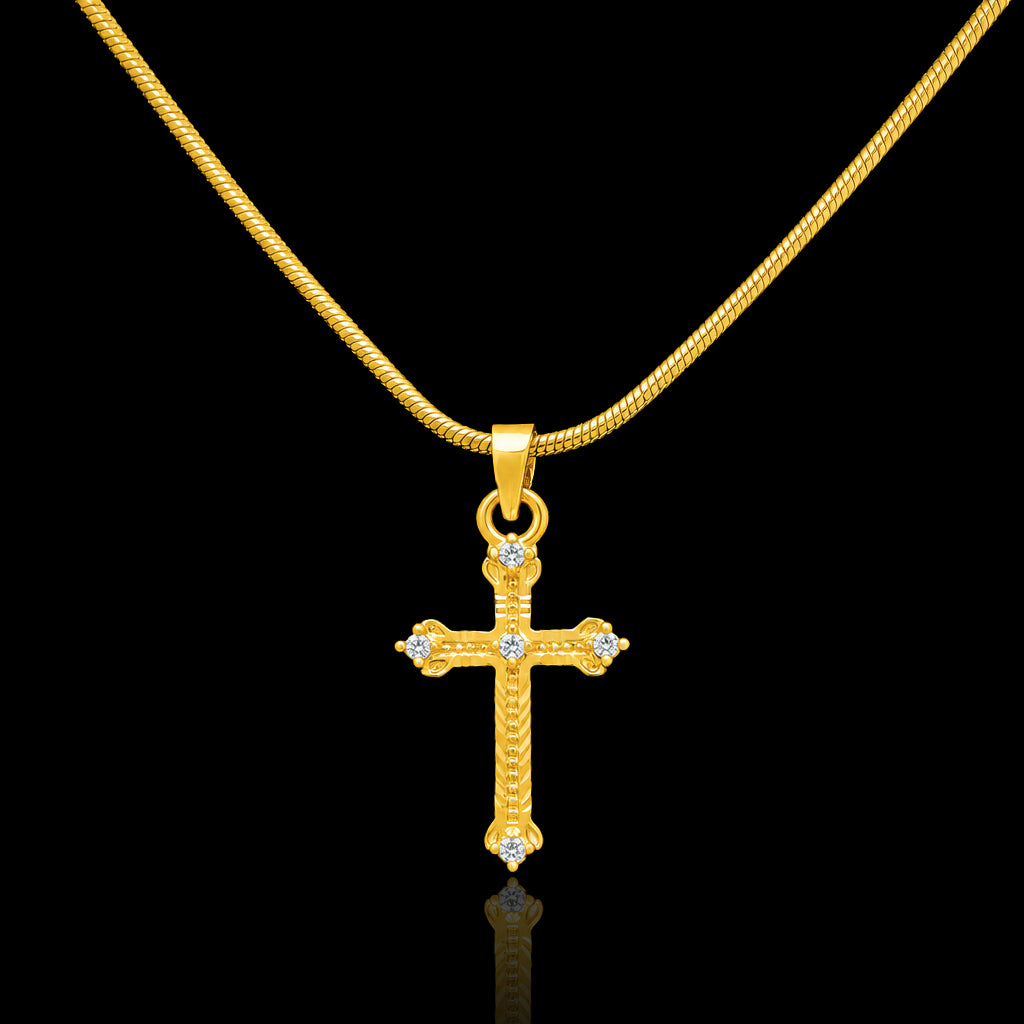 CZ Rope Edge Cross Pendant with Chain Gold Layered