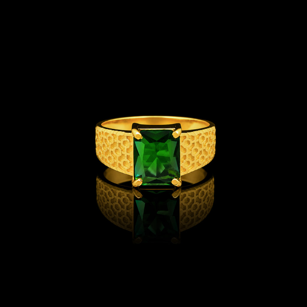 Gents Premium Emerald Lattice Solitaire Ring Gold Layered