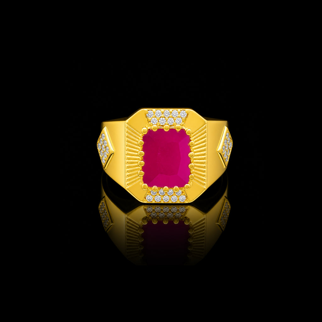 Gents Ruby Colour Radiant Signet Ring Gold Layered