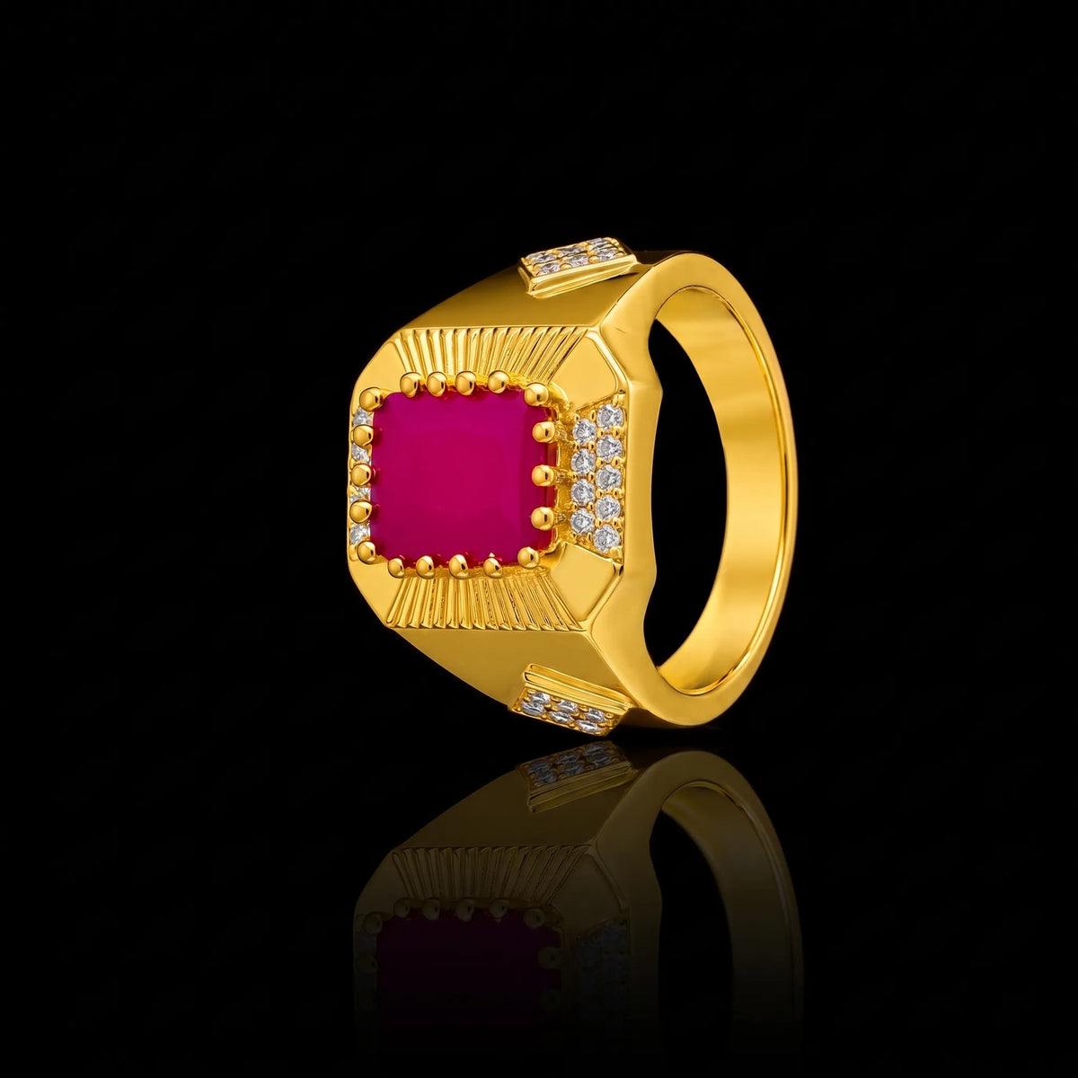 Gents Ruby Colour Radiant Signet Ring Gold Layered
