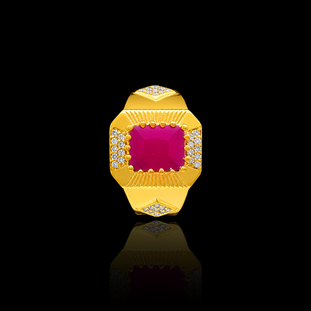 Gents Ruby Colour Radiant Signet Ring Gold Layered