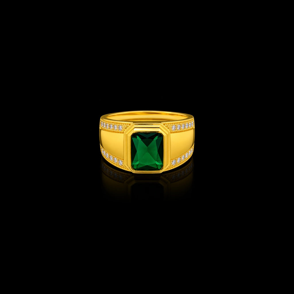 Gents Emerald Colour Bezel Signet Ring Gold Layered